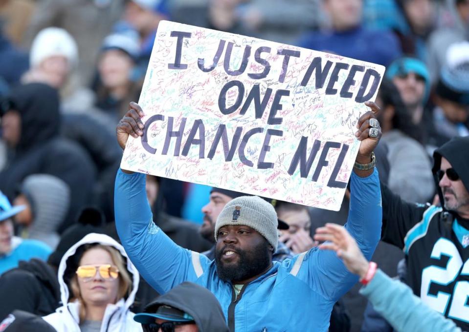 A Carolina Panthers fan is just looking for his chance as the team battled the Tampa Bay Buccaneers during fourth- quarter action at Bank of America Stadium in Charlotte, NC on Sunday, January 7, 2024. The Buccaneers defeated the Panthers 9-0. JEFF SINER/jsiner@charlotteobserver.com