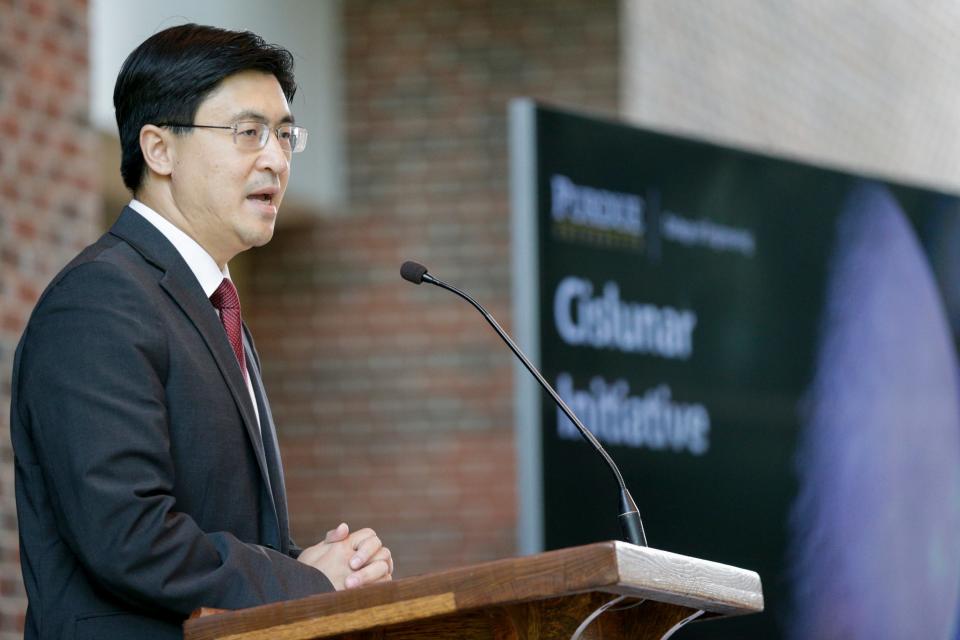 Dean Mung Chiang speaks during an announcement for a Cislunar Initiative, Thursday, July 18, 2019 at Purdue University's Neil Armstrong Hall of Engineering in Lafayette.