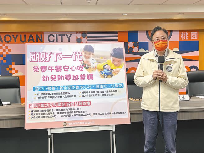 桃園市長張善政8日宣布幼兒園大班助學金每學期4500元，今起將陸續匯入家長戶頭，國中小免費營養午餐也會在下周落實。（蔡依珍攝）