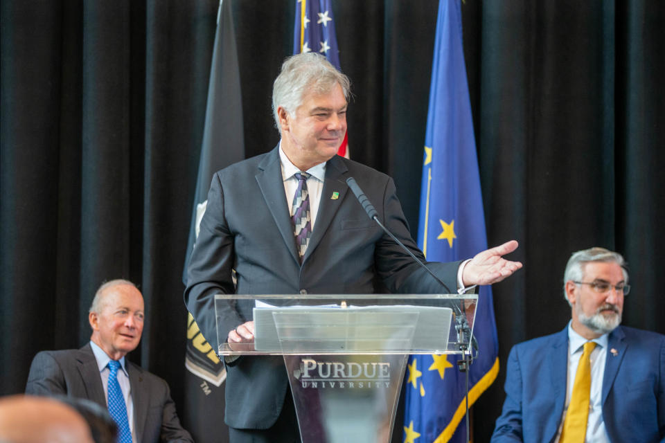 Thomas Sonderman, President and CEO of SkyWater Technology, thanks local politicians for their support regarding SkyWater Technology's plans to open a $1.8 billion state-of-the-art semiconductor manufacturing facility in Discovery Park District at Purdue University, on Wednesday, July 20, 2022, in West Lafayette.