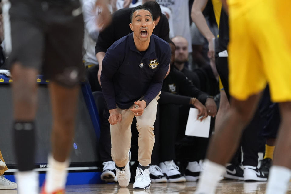 Marquette coach Shaka Smart reacts during the second half of the team's NCAA college basketball game against Providence in the semifinals of the Big East men's tournament Friday, March 15, 2024, in New York. Marquette won 79-68. (AP Photo/Mary Altaffer)