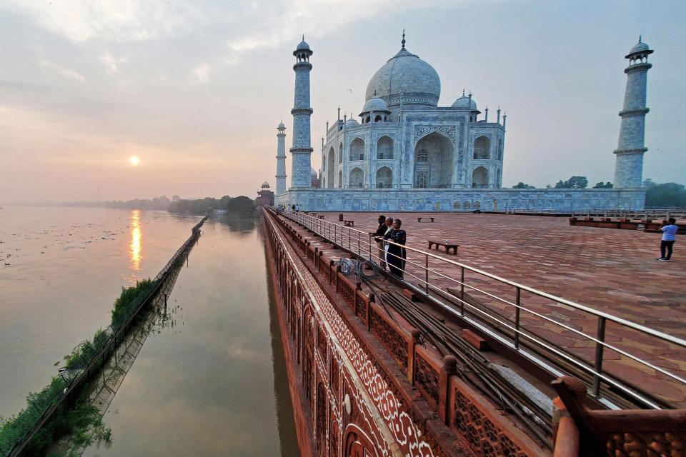 This photograph taken on July 18, 2023 shows flooded banks of river Yamuna along the Taj Mahal in Agra. / Credit: PAWAN SHARMA/AFP via Getty Images