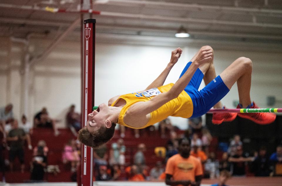 Greenfield-Central’s Elliot Ryba competes in the high jump during the IHSAA Boys State Track & Field Finals at the Robert C. Haugh Track & Field Complex on the campus of Indiana University in Bloomington on Saturday, June 1, 2024.