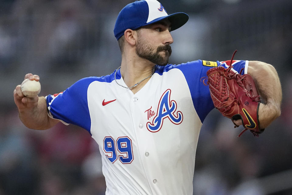 Atlanta Braves starting pitcher Spencer Strider delivers to Washington Nationals batter in the first inning of a baseball game, Saturday, Sept. 30, 2023, in Atlanta. (AP Photo/John Bazemore)