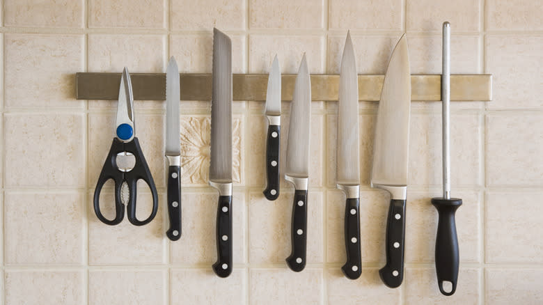 Scissors and knives on magnetic rack