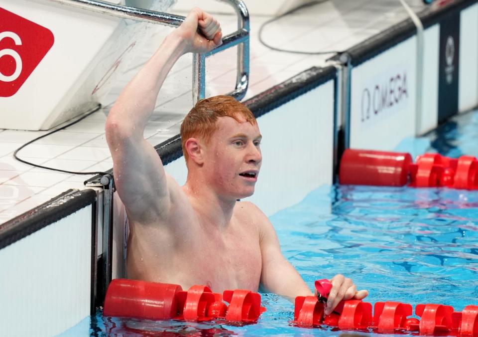 Tom Dean celebrates his victory in the Olympic 200m freestyle final in Tokyo (Joe Giddens/PA) (PA Archive)