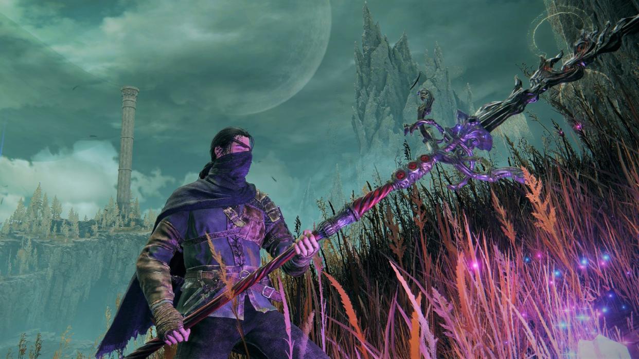  Ninja character holding the Spear of the Impaler in the Gravesite Plain lit by purple light under grey sky. 