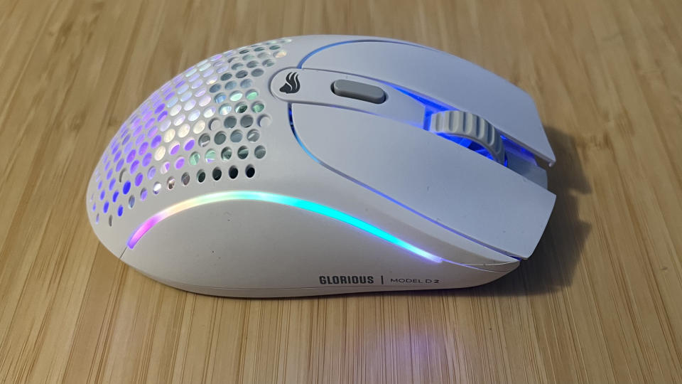 Glorious Model D 2 gaming mouse with RGB enabled.