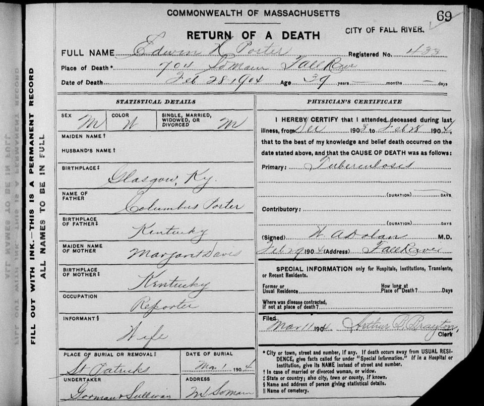 The death certificate for Edwin H. Porter, journalist for the Fall River Globe and author of "The Fall River Tragedy," the first book to delve into the Lizzie Borden murder case.