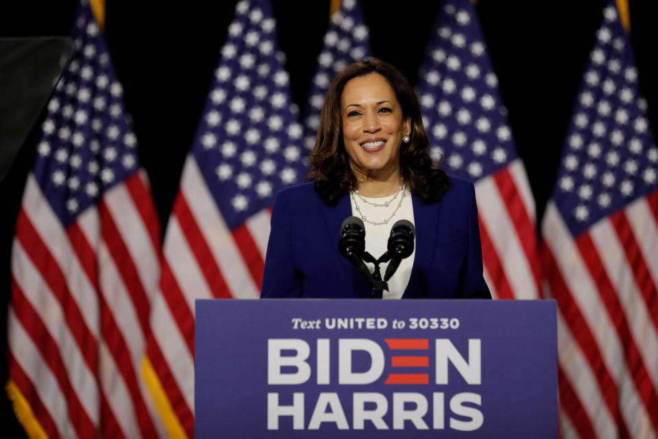 Democratic vice presidential candidate Senator Kamala Harris speaks at her first joint appearance with presidential candidate and former Vice President Joe Biden after being named his running mate in Wilmington, Delaware, on Wednesday, August 12, 2020. / Credit: CARLOS BARRIA / REUTERS