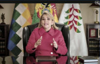 In this UNTV image, Jeanine Anez Chavez, President of Bolivia, speaks in a pre-recorded video message during the 75th session of the United Nations General Assembly, Wednesday, Sept. 23, 2020, at UN headquarters. (UNTV via AP)