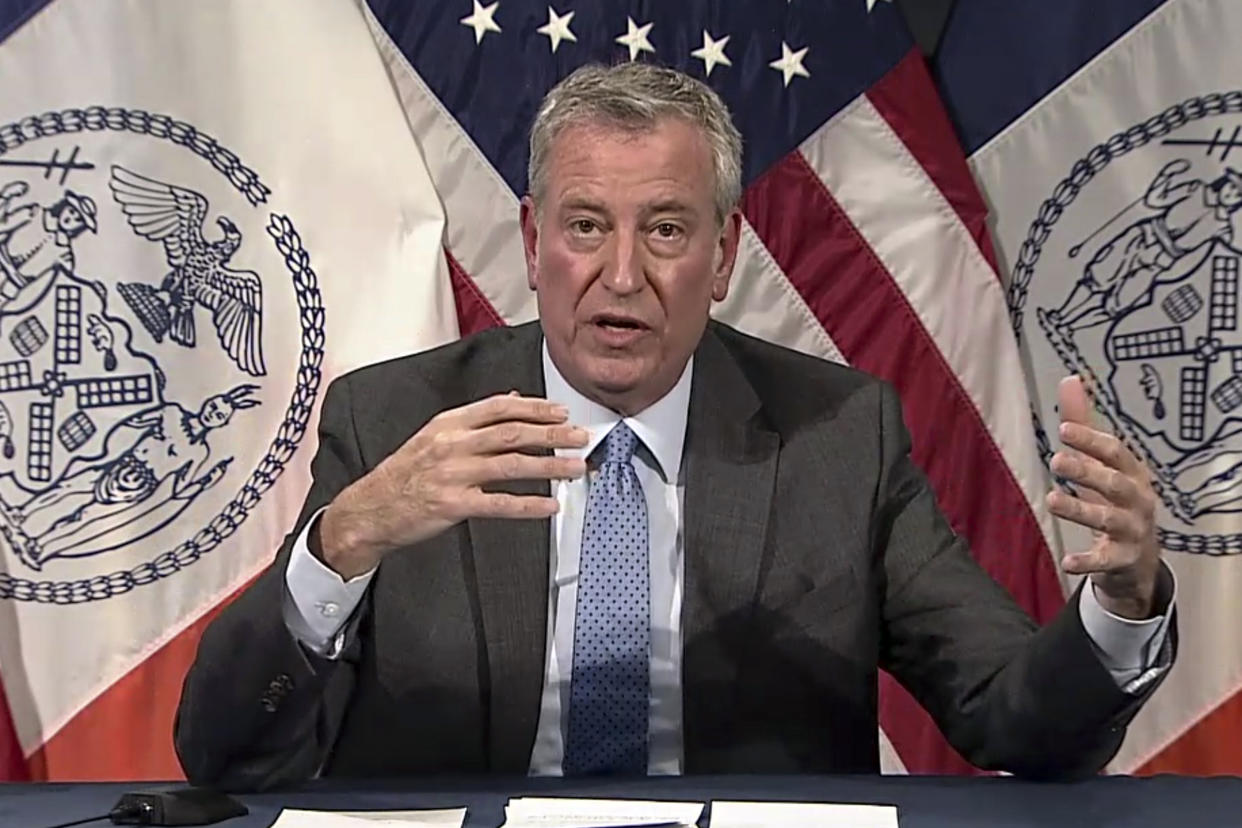 De Blasio speaks during a virtual press conference about the Omicron COVID variant in December. 