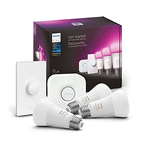 Philips Hue White and Color Ambiance Starter Kit, Includes (3) 75W A19 Hue Smart Bulbs with 1 H…