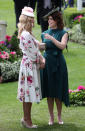 Princess Eugenie wore Samantha Cameron's brand <a href="https://www.cefinn.com/uk/dresses/silk-asymmetric-hem-midi-dress-with-keyhole-teal" rel="nofollow noopener" target="_blank" data-ylk="slk:Cefinn;elm:context_link;itc:0;sec:content-canvas" class="link ">Cefinn</a> - their Mia silk asymmetric hem midi dress with keyhold detailing with a feathered hat by Bundle MacLaren Millinery, nude courts and a snakeskin clutch. <em>[Photo: PA]</em>