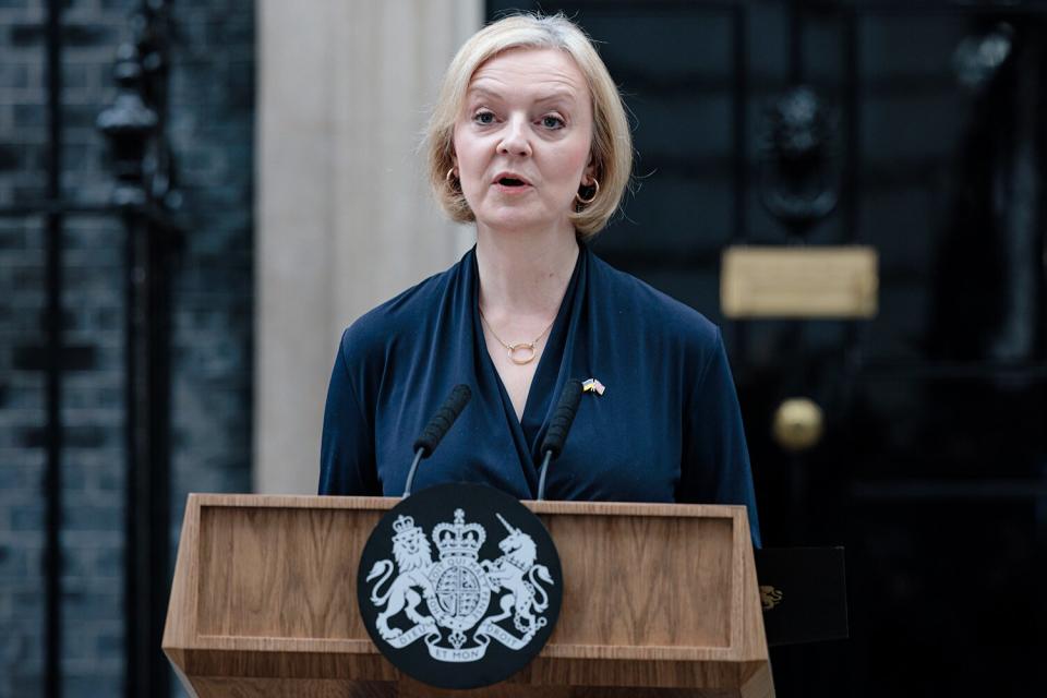 Prime Minister Liz Truss delivers her resignation speech at Downing Street on October 20, 2022 in London, England.