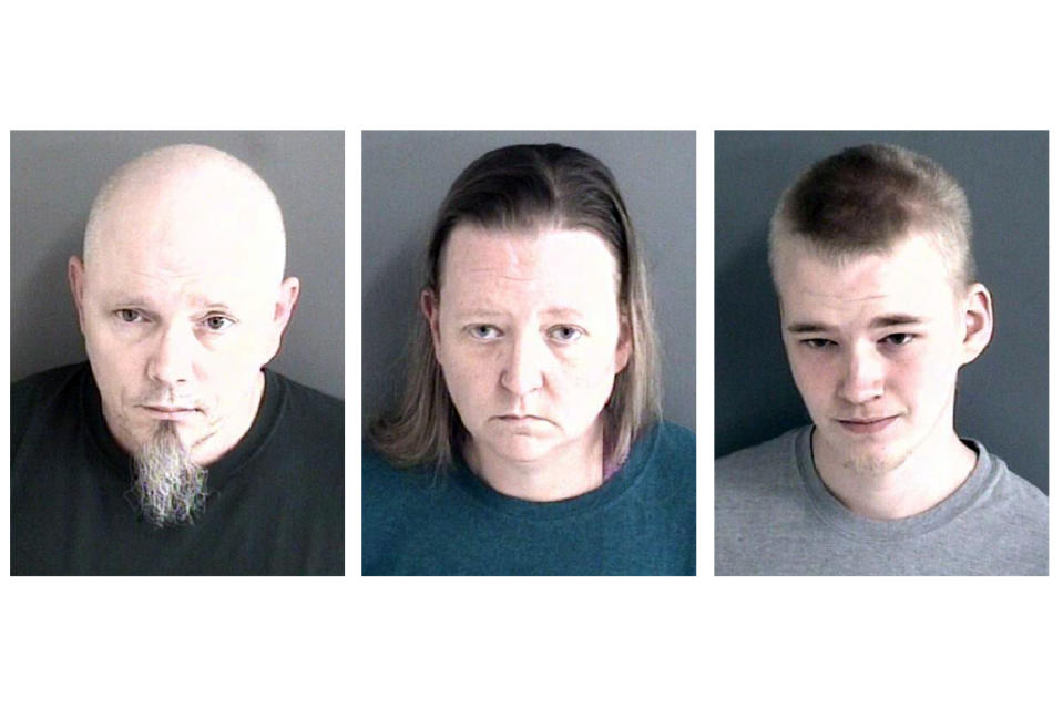 This combo of booking images provided by the Story County, Iowa, Sheriff’s Office, show, from left, Gary Graham Jr., 44, Danielle Graham, 42, Aaron Williams, 20, all from Zearing, Iowa, were charged Monday, March 18, 2024, with first-degree kidnapping and willful injury. A fourth member, a 16-year-old girl, was not named. They are accused of abducting and abusing an 18-year-old relative who had been handcuffed to a bed, beaten so badly that he had brain bleeding and multiple broken ribs, and was so malnourished that he weighed just 70 pounds (32 kilograms) when he showed up at a hospital earlier this year, court documents say. (Story County Sheriff’s Office via AP)