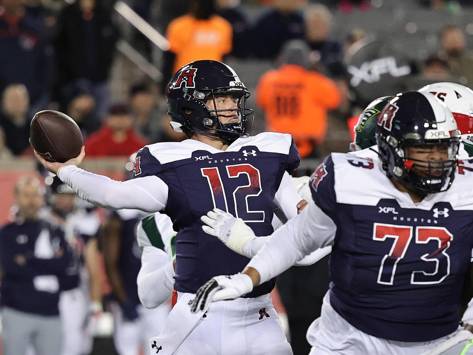 HOUSTON, TEXAS - FEBRUARY 18: Brandon Silvers #12 of Houston Roughnecks throws a pass against the Orlando Guardians at TDECU Stadium on February 18, 2023 in Houston, Texas. (Photo by Bob Levey/Getty Images)