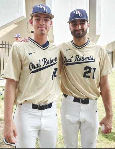 Bartlesville High graduates Jakcob Hall, left, and A.J. Archambo both have been key performers this year for the NCAA regional-bound Oral Roberts University baseball team. They have combined for more than 30 pitching appearances and Archambo has been contributing with a productive bat.