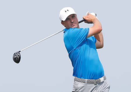 Aug 16, 2015; Sheboygan, WI, USA; Jordan Spieth hits his tee shot on the 3rd hole during the final round of the 2015 PGA Championship golf tournament at Whistling Straits. Mandatory Credit: Brian Spurlock-USA TODAY Sports