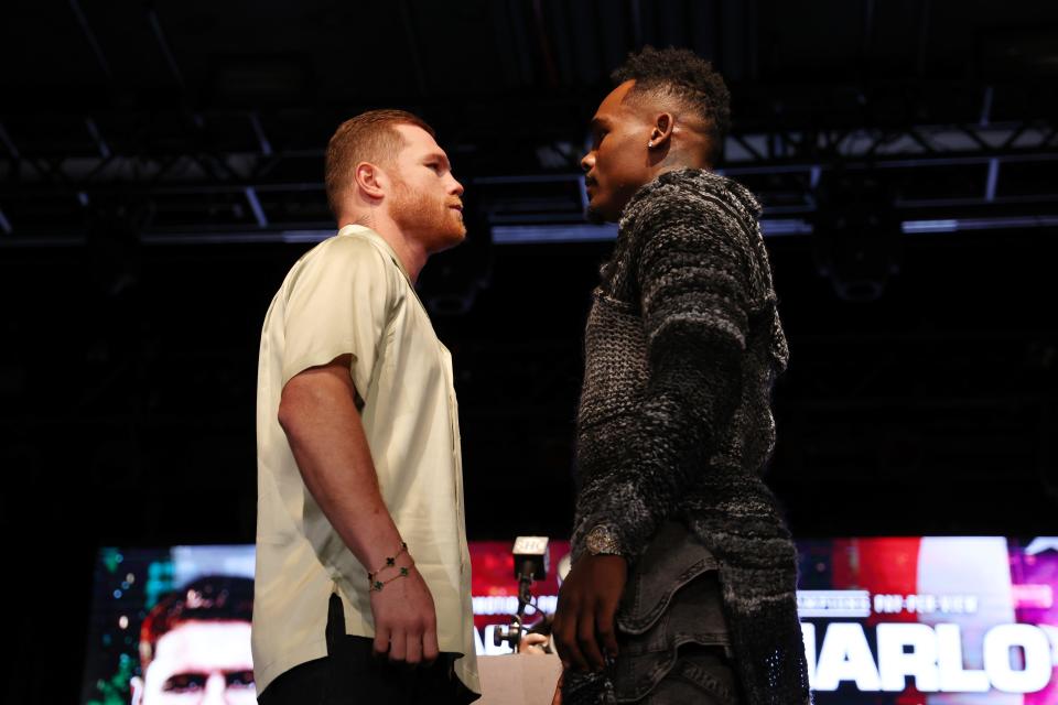 Canelo Alvarez of Mexico and Jermell Charlo face off during a press conference to preview their September 30 super middleweight undisputed championship fight.