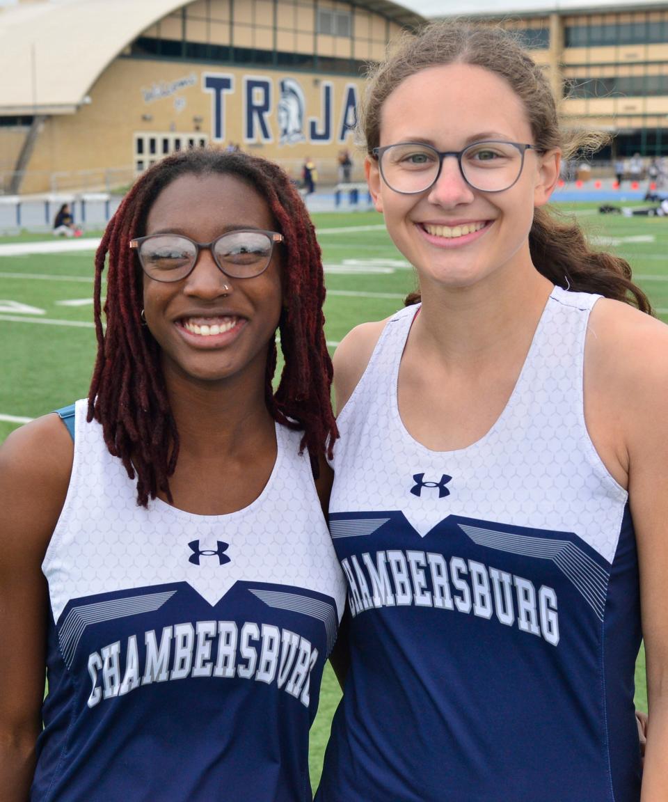 Chambersburg's Jahnaya Trotter-Wimberley, left, medaled in long jump while teammate Alaina Morris took third in pole vault. Athletes competed in the Mid-Penn Conference track and field championships on Saturday, May 11, 2024 at Chambersburg's Trojan Stadium.