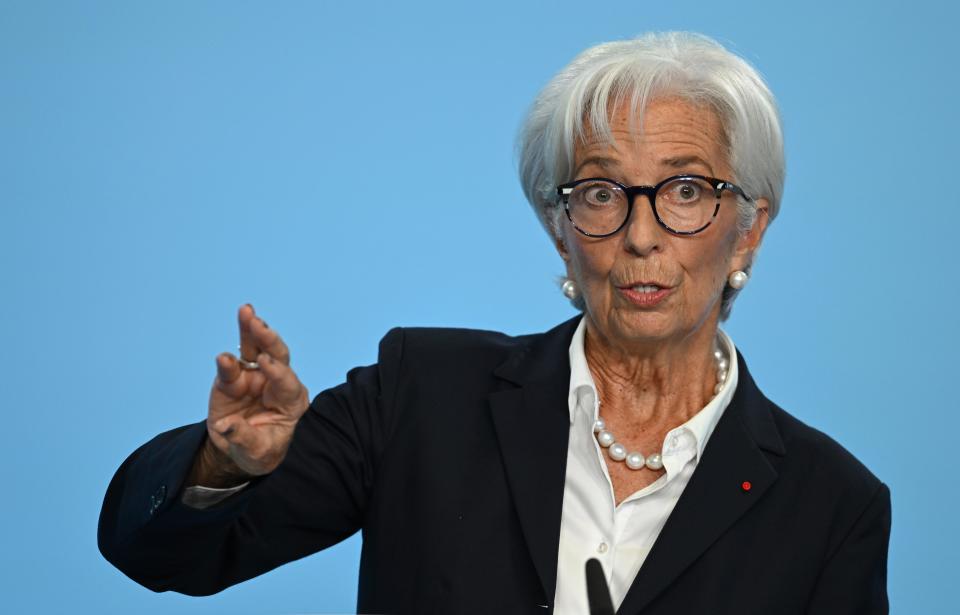 Christine Lagarde, president of the European Central Bank, gives a press conference at ECB headquarters in Frankfurt, Germany, on Thursday, Oct. 27, 2022. The European Central Bank has made another outsized interest rate hike aimed at squelching out-of-control inflation.