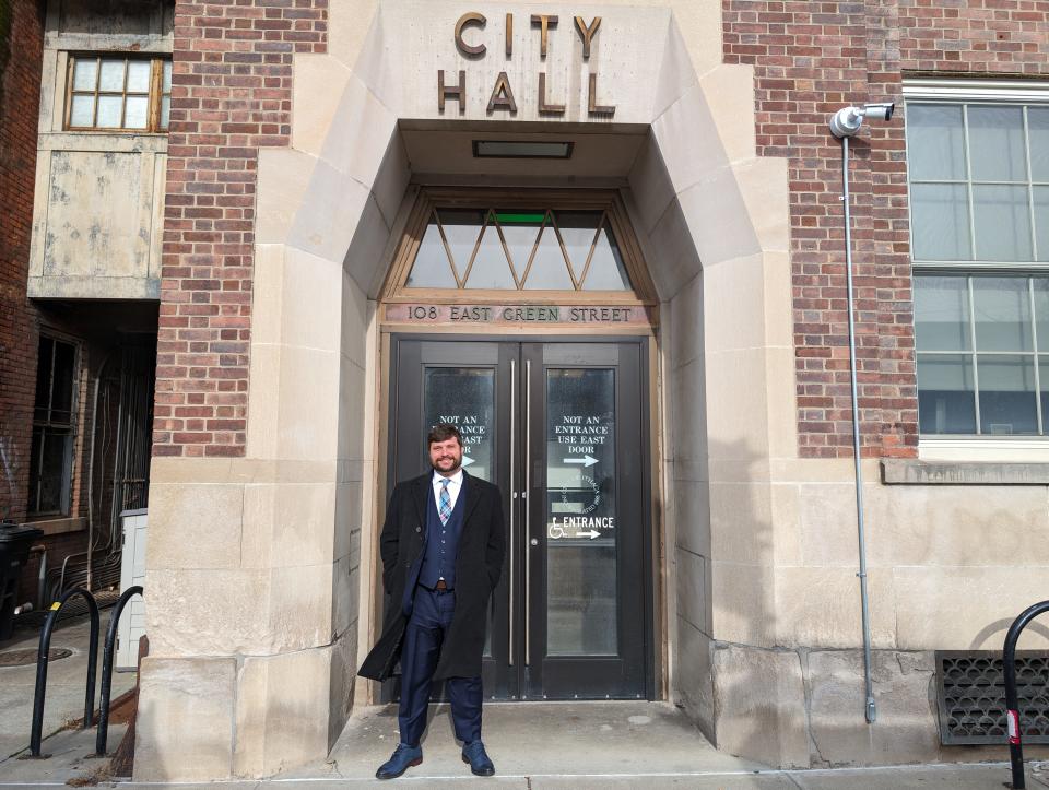 Ithaca Mayor Robert G. Cantelmo in front of Ithaca City Hall.