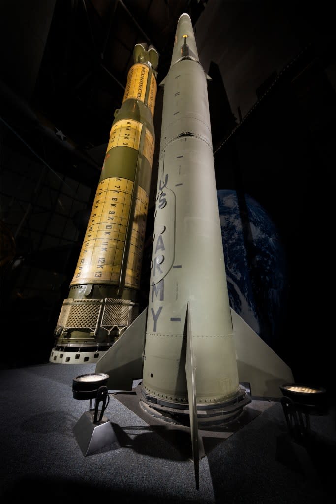 The SS-20, known as the 'Pioneer' in Russian, is a two-stage, solid propellant missile with three multiple targetable reentry warheads. The missile is almost 16.5 meters tall. The exterior of the first stage is yellow fiberglass with numbers and Cyrillic letters printed along the circumference. The letters and numbers are used as guides in the manufacturing process when the solid fuel is covered with fiberglass. Two thirds of the way up the missile are the letters 'CCCP' and a yellow five-point star. The Votkinsk Machine Building Plant, USSR, constructed the missile for the exhibition at the National Air and Space Museum. Exhibition of this missile complies with the Intermediate Nuclear Forces agreement between the US and USSR that provided for the preservation of fifteen SS-20 and Pershing II missiles to commemorate the first international agreement to ban an entire class of nuclear arms exhibition. It does not contain fuel or any live components. The Ministry of Defense of the USSR donated the missile to the Smithsonian. Artist Votkinsk Machine Building Plant. (Photo by Heritage Art/Heritage Images via Getty Images)