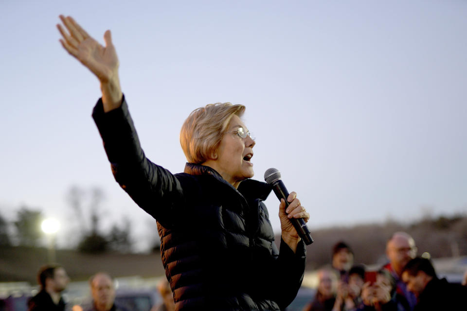 Sen. Elizabeth Warren, D-Mass, addresses an overflow crowd outside an organizing event at McCoy's Bar Patio and Grill in Council Bluffs, Iowa, Friday, Jan. 4, 2019. Warren is making her first visit to Iowa this weekend as a likely presidential candidate, testing how her brand of fiery liberalism plays in the nation's premier caucus state. (AP Photo/Nati Harnik)