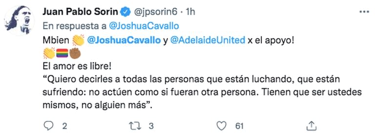 Sorin respondió el tuit de Cavallo y felicitó al Adelaida United por su apoyo al jugador