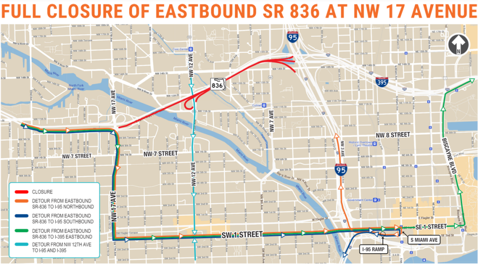 Map of the overnight closures of State Road 836 aka the Dolphin Expressway.