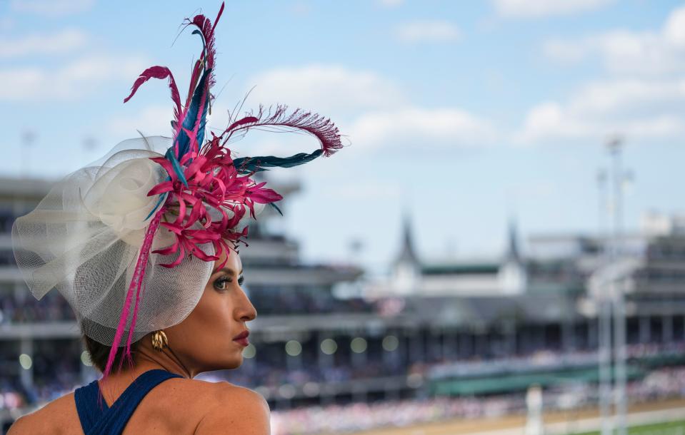 The scene from the First Turn Club at Thurby, Louisville area's day at the races, at Churchill Downs Thursday May 4, 2023, in Louisville, Ky.