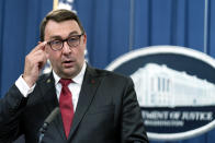 Deputy Executive Director Jean-Philippe Lecouffe of Europol, speaks during a news at the Department of Justice in Washington, Tuesday, Oct. 26, 2021. Law enforcement officials in the U.S. and Europe have arrested 150 people and seized more than $31 million in an international drug trafficking investigation stemming from sales on the darknet. AP Photo/Manuel Balce Ceneta)