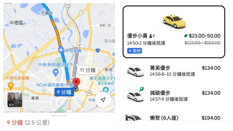 一名網友近日遇到叫Uber計程車，原先短短9分鐘預計的134元車資，結果竟被收了1,350元。（翻攝自臉書＠爆料公社二社）