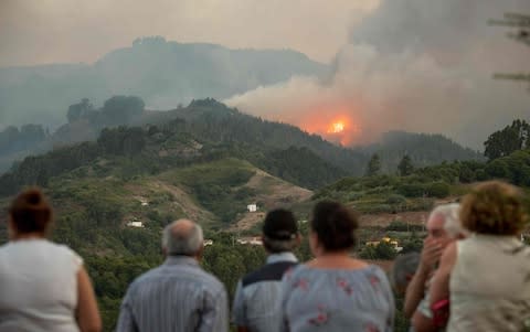 Residents observe smoke billowing from a forest fire raging near Montana Alta on the island of Gran Canaria - Credit: DESIREE MARTIN/AFP