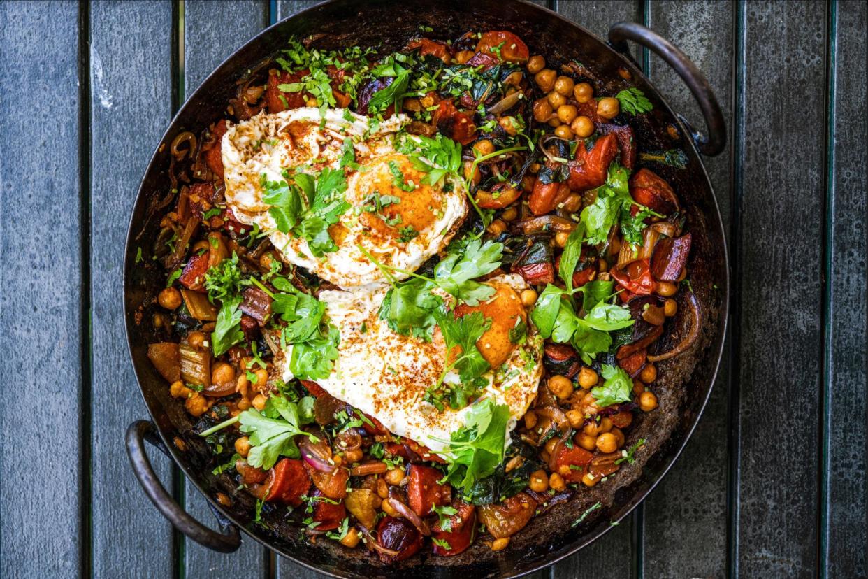 <span>Tom Hunt’s beetroot-leaf hash with chickpeas and chorizo.</span><span>Photograph: Matt Austin/The Guardian. Food styling: Tom Hunt.</span>