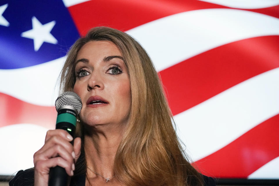 Republican candidate for U.S. Senate Sen. Kelly Loeffler speaks at a campaign rally on Friday, Nov. 13, 2020, in Cumming, Ga. Loeffler and Democratic candidate Raphael Warnock are in a runoff election for the Senate seat in Georgia. (AP Photo/Brynn Anderson)