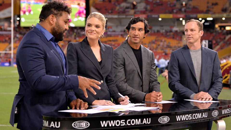 Sam Thaiday, Erin Molan, Jonathan Thurston and Darren Lockyer, pictured here in commentary for Channel Nine.