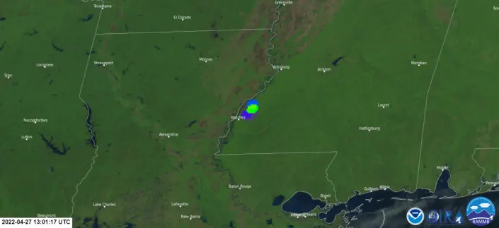 A fireball headed for southern Mississippi on April 27, 2022. The fireball disintegrated 34 miles above the swampy area north of Minorca in Louisiana.