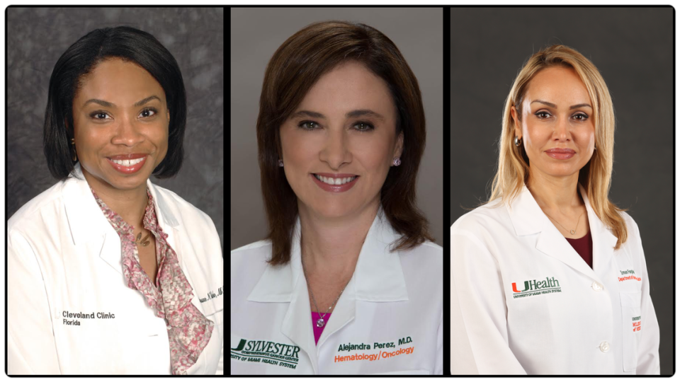 (From left to right) Dr. Cassann Blake, breast oncology surgeon at Cleveland Clinic’s Weston location; Dr. Alejandra Perez, a breast medical oncologist with Sylvester Comprehensive Cancer Center; and Dr. Irman Forghani, a geneticist at Sylvester Comprehensive Cancer Center.