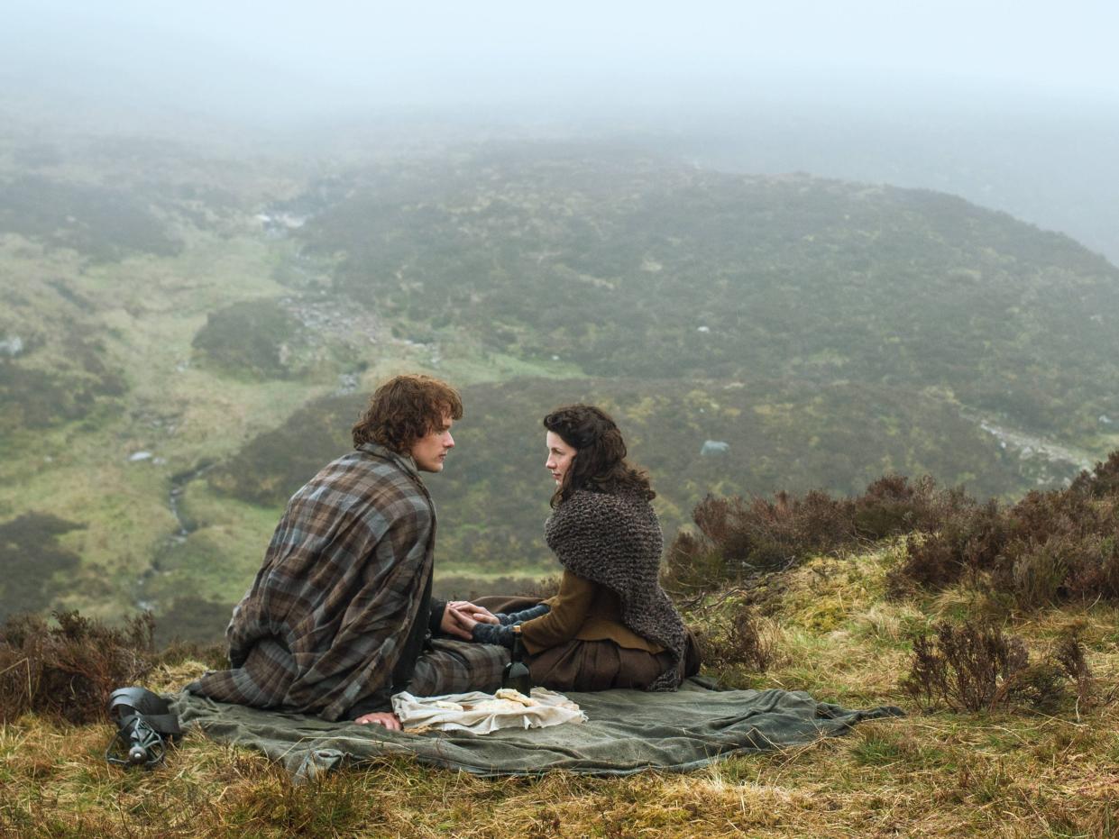 Jamie (Sam Heughan) and Claire (Caitríona Balfe) in "Outlander" season one.