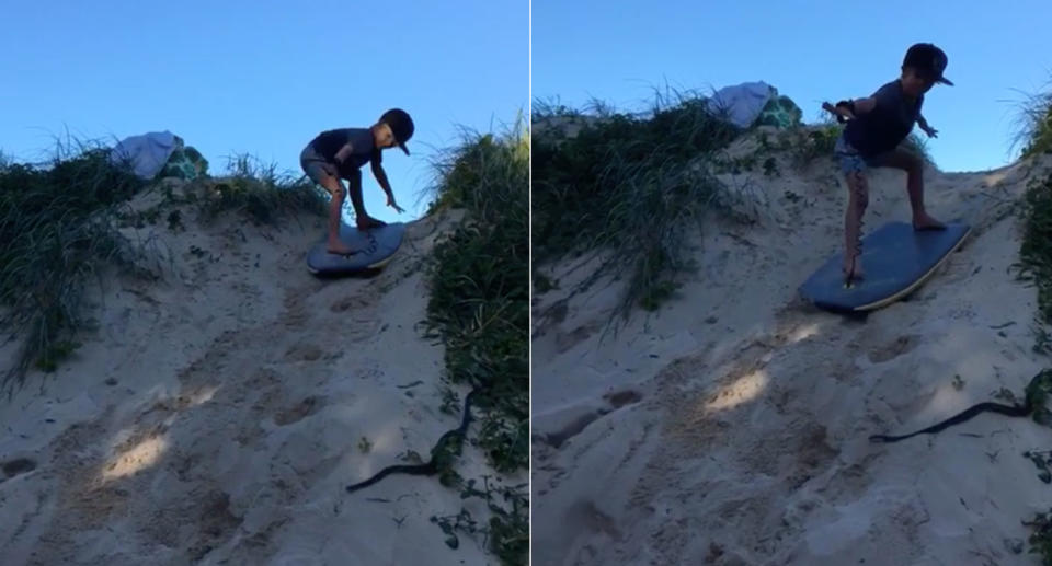 A five-year-old boy and his mother received the shock of their lives when a black snake lurched onto the child’s path seemingly from nowhere. Source: Derek Symons / Facebook