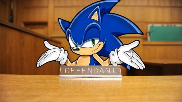 An image shows Sonic the Hedgehog shrugging while sitting in a court room.
