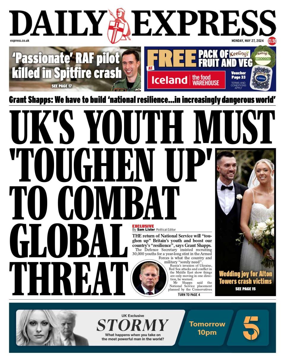 The headline on the front page of the Daily Express reads: "UK's youth must 'toughen up' to combat global threat"