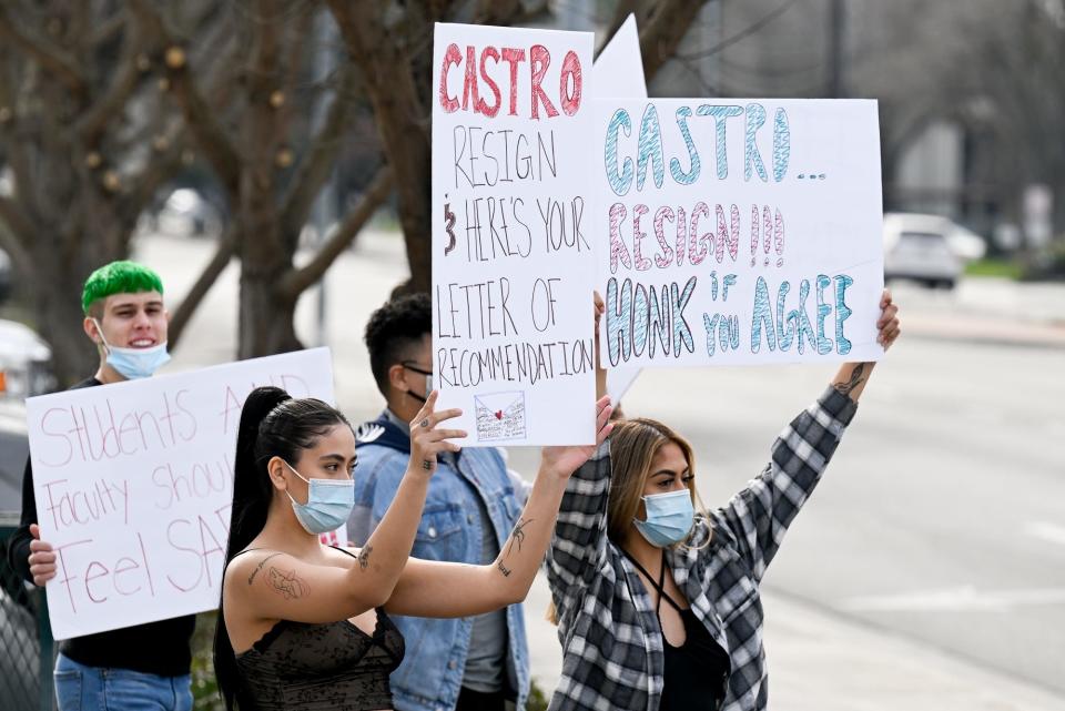 Former Fresno State student Xitllali Loya-Alcocer, left, organized a protest Feb. 5 of about 40 decrying the university's handling of sexual assault and harassment complaints.