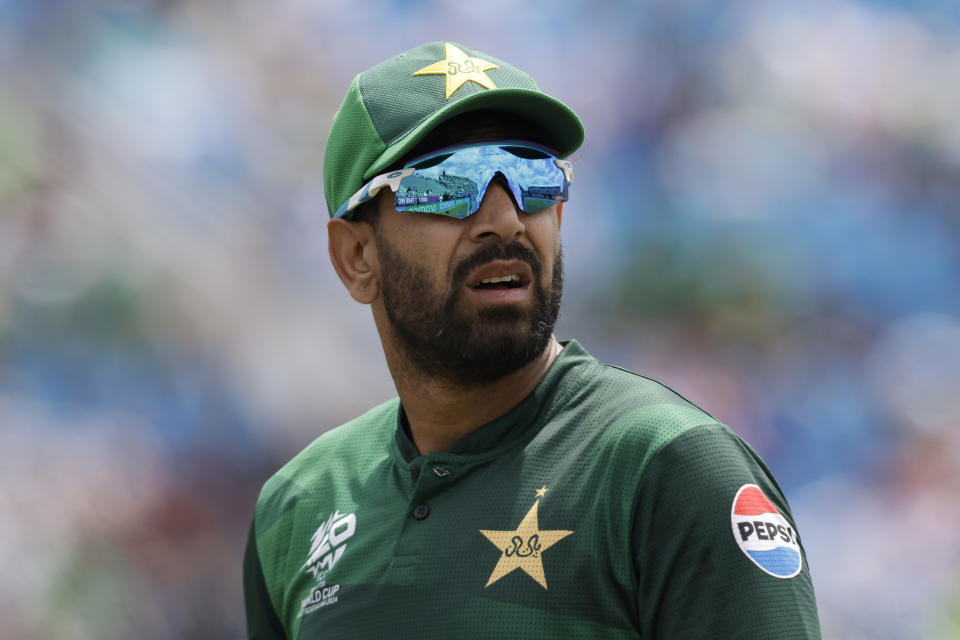 Pakistan's Haris Rauf looks on during the ICC Men's T20 World Cup cricket match between Pakistan and Canada at the Nassau County International Cricket Stadium in Westbury, New York, Tuesday, June 11, 2024. (AP Photo/Adam Hunger)