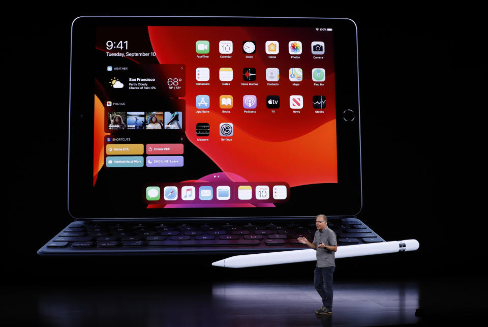 Greg Joswiak, Apple’s vice president of Product Marketing, speaks in front of an iPad at an Apple event at their headquarters in Cupertino, California, U.S. September 10, 2019. REUTERS/Stephen Lam