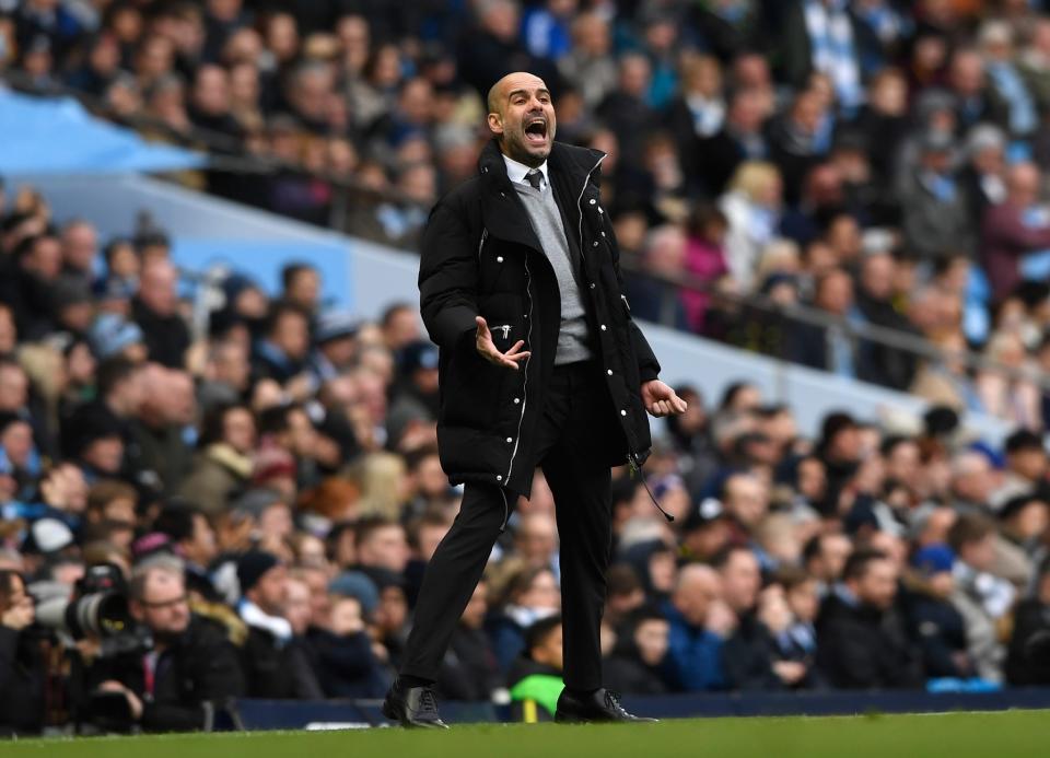 <p>Josep Guardiola, Manager of Manchester City reacts during the Premier League match between Manchester City and Swansea City at Etihad Stadium on February 5, 2017 in Manchester, England. </p>