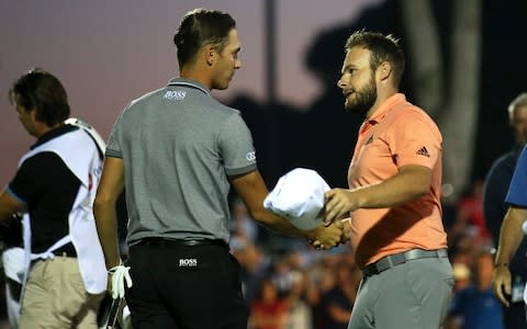  Hatton shakes hands with Matthias Schwab after he beat the Austrian on the fourth extra hole in Turkey  - Credit: Getty Images