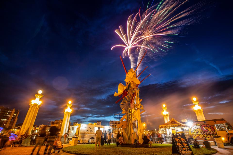 Fireworks light up the sky over Lake Mirror during Lakeland's Red White and Kaboom celebration in 2021.